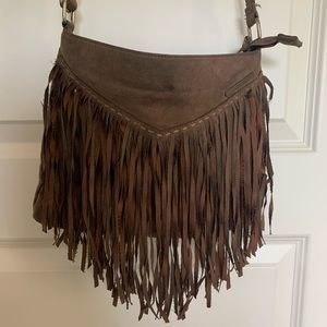 Brown Suede Leahter Look Fringe Purse